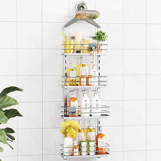 ODesign 4 Tier Height-Adjustable Shower Caddy Hanging Anti-Swing-Over The Shower Head Caddy- Storage Organizer Bathroom Shelves Basket Caddies-Silver - Bloomnest