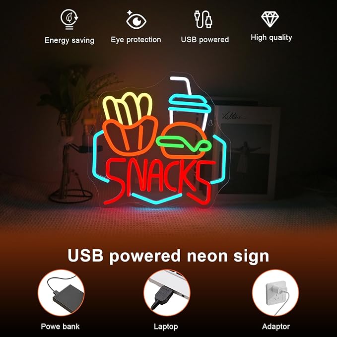 Lucunstar Snack Burger Fries Neon Sign LED Sign for Burger Shop Decor Hamburger LED Neon Light USB Connectivity Neon Sign with Dimming switch for Restaurant Kitchen Store Party Bar Sign - Bloomnest
