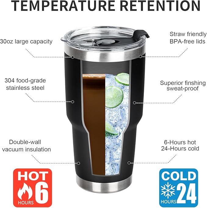 30 oz Tumbler with Lids and Straws Double Wall Vacuum Insulated Tumbler Cup,Stainless Steel Leak-proof Thermal Tumbler Powder Coated Travel Coffee Mug for Cold and Hot Drinks,Black - Bloomnest