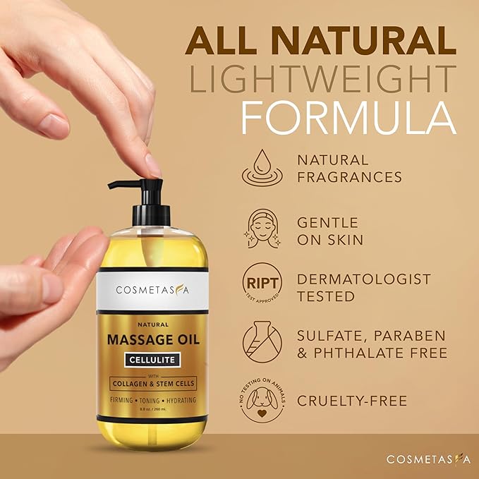 Large Cellulite Massage Oil with Collagen & Stem Cells- 100% Natural Cellulite Oil, Highly Absorbable, Deeply Penetrates The Skin- Firms, Tones, Tightens & Moisturizes Skin by Cosmetasa (16.9 oz) - Bloomnest