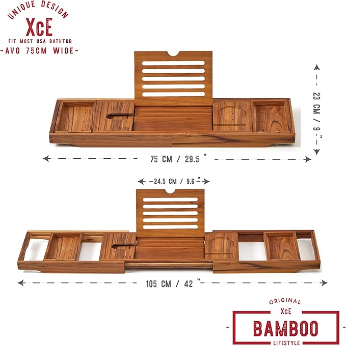 XcE Teak Bathtub Caddy Tray - Expandable to 41 Inches with Book Stand, Soap Holder & Anti-Slip Pads for Luxury Bath Spa, Teak - Bloomnest