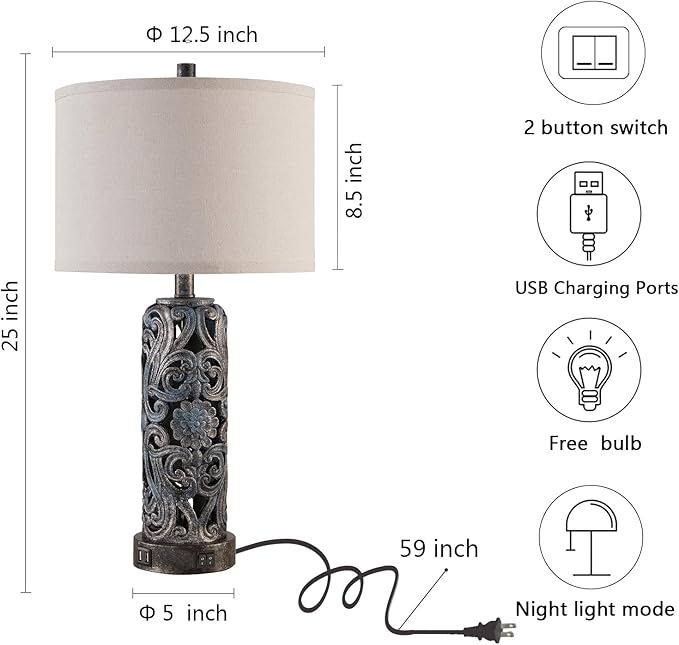 RORIANO 25'' Set of 2 Rustic Table Lamp for Bedroom Living Room with 2 USB Ports, Farmhouse Vintage Resin Nightstand Lamp with Nightlight, Antique Retro Desk Lamp for Entryway, 2 Bulbs Included - Bloomnest