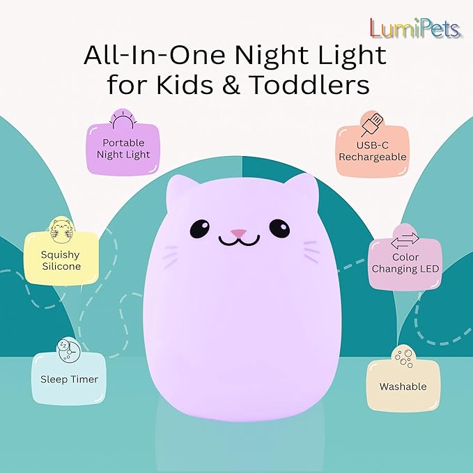 Lumipets Clive The Cat Squishy Silicone Night Light for Kids | Cute Night Light with Remote & Touch Control for Baby & Toddler Bedrooms | Color Changing Portable Animal Nightlight | Kids Mood Lamp - Bloomnest