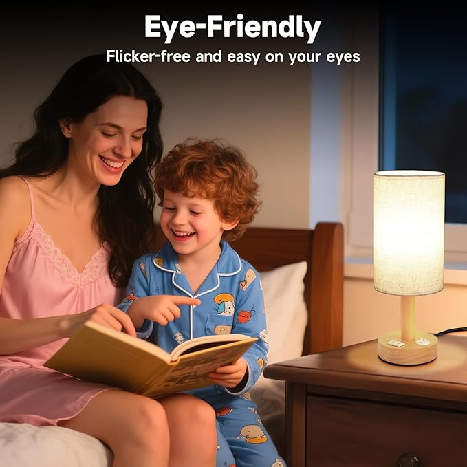 Small Bedside Table Lamp with AC Outlet,Natural Round Wood Base&Fabric Linen Shade,Cozy Night Table Light for Study Reading,Minimalist Boho Desk Lamp for Nightstand,Living Room,Nursery,Kitchen,Dorm - Bloomnest