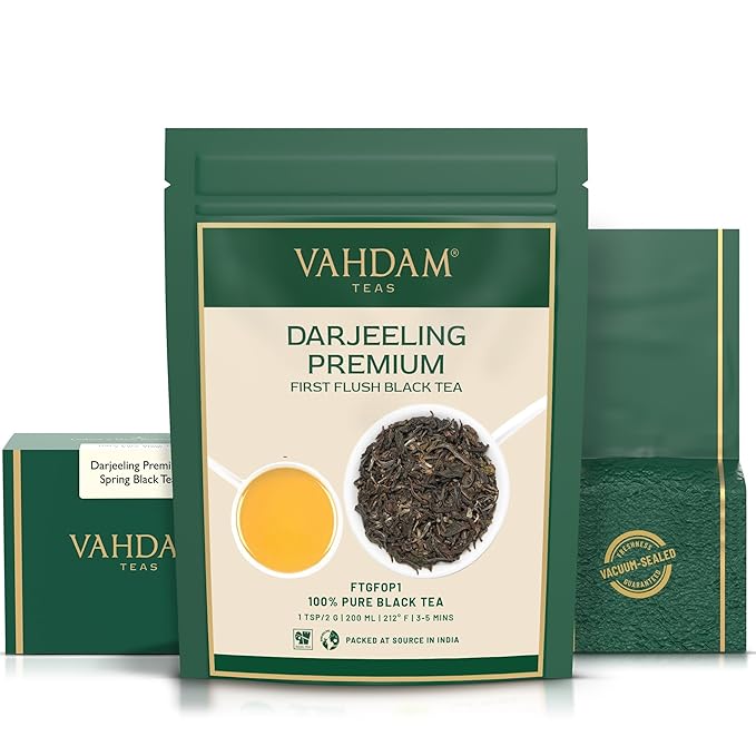 VAHDAM, First Flush Darjeeling Tea - 50 Cups (3.53oz) | Loose Leaf Black Tea - Flowery, Aromatic & Delicious | Picked, Packed & Shipped Direct From India | Champagne Of Teas | Mellow & Fragrant - Bloomnest