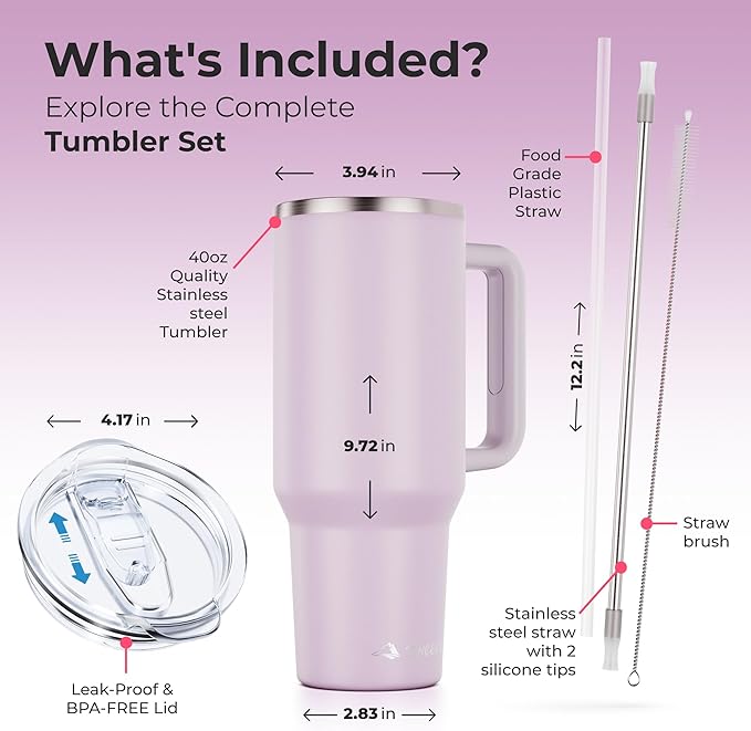 40 oz Tumbler With Handle and Straw Made of Stainless Steel - Double Wall Vacuum Insulated Tumbler With Lid - Sweat Proof Easy Grip, BPA-Free, Dishwasher Safe Tumbler (Orchid) - Bloomnest