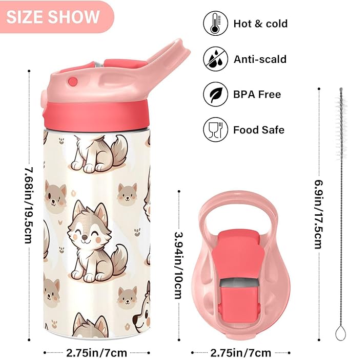 Cute Wolf Dog Kids Insulated Water Bottle, Toddlers Tumbler Travel Cup with Straw & Handle Stainless Steel Cup for Travel School Girls 12 oz - Bloomnest