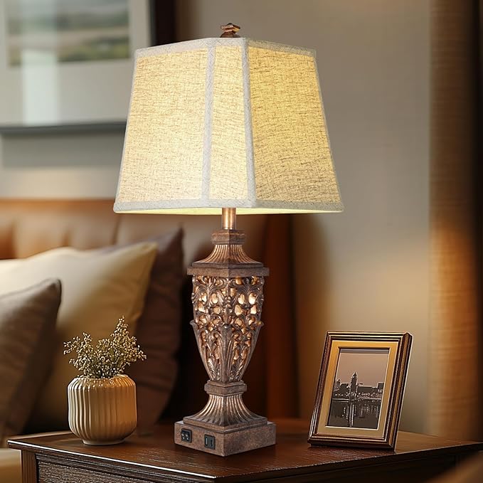 28.5" Vintage Bronze Table Lamps Set Of 2 with Night Light,Lamps for Nightstand with Beige Linen Cut Corner Shade,Bedside Lamp with USB A+C Ports for Bedrooms,Living Room,Office,Hotel(Bulb Included) - Bloomnest