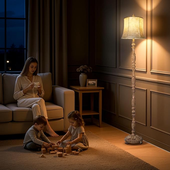 Scenekoy Vintage 66” Tall Floor Lamp for Living Room Bedroom, Resin Carved Standing Lamp with Faux Leather Shade, Adjustable Bulb, Rotary Switch Rustic Lamp for Home Decor (Light Brown)