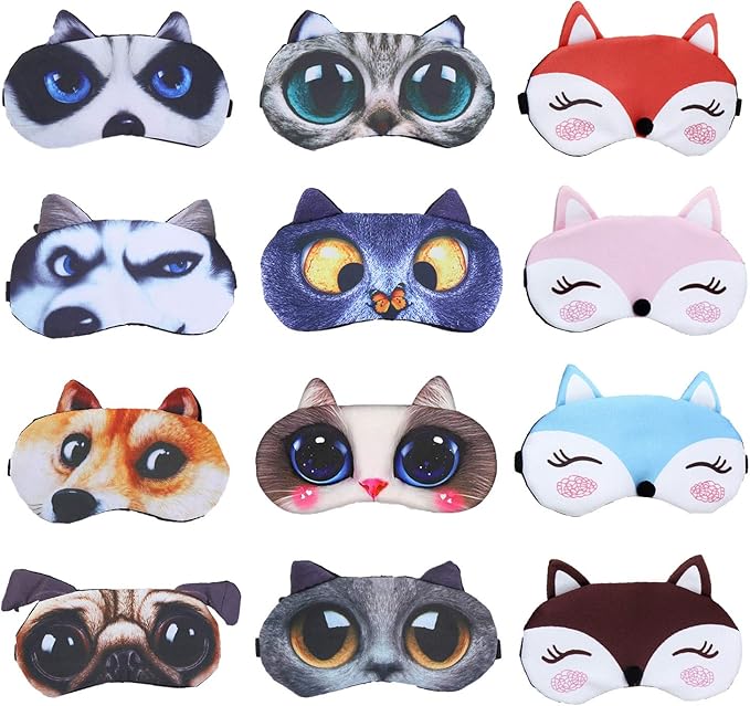 EBaokuup 12 Pack Animal Sleep Eye Mask - Soft Funny Blindfolds Sleeping Mask, Cute Cat Dog Eye Cover Eye Shade for Kids Girls Men Women Plane Travel Nap Night Sleeping - Bloomnest