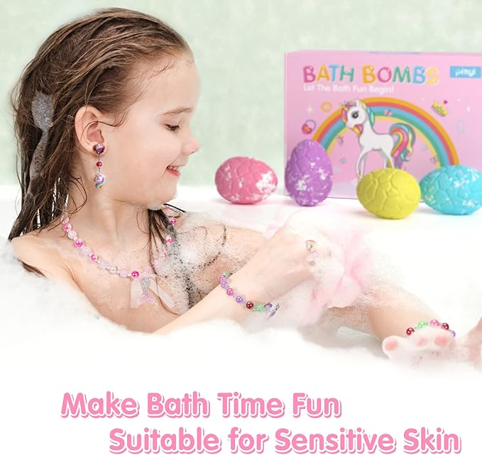 Kids Bath Bombs for Girls with Toys Inside, 12+1 Pack Unicorn Bath Bombs with Surprise Jewelry for Kids, Princess Girls BathBombs with Mermaid Necklace 3 4 Year Old Girl Birthday Easter Gifts - Bloomnest