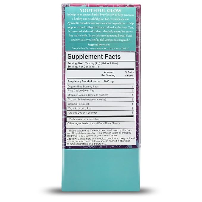 Térapy Ceylon Youthful Glow Herbal Tea Bags | Helps Maintain Healthy Skin and Hair | 100% Natural Blue Butterfly Peas, Licorice Root, Green Tea & More | Individually Wrapped Organic Tea Bags |18 Count - Bloomnest