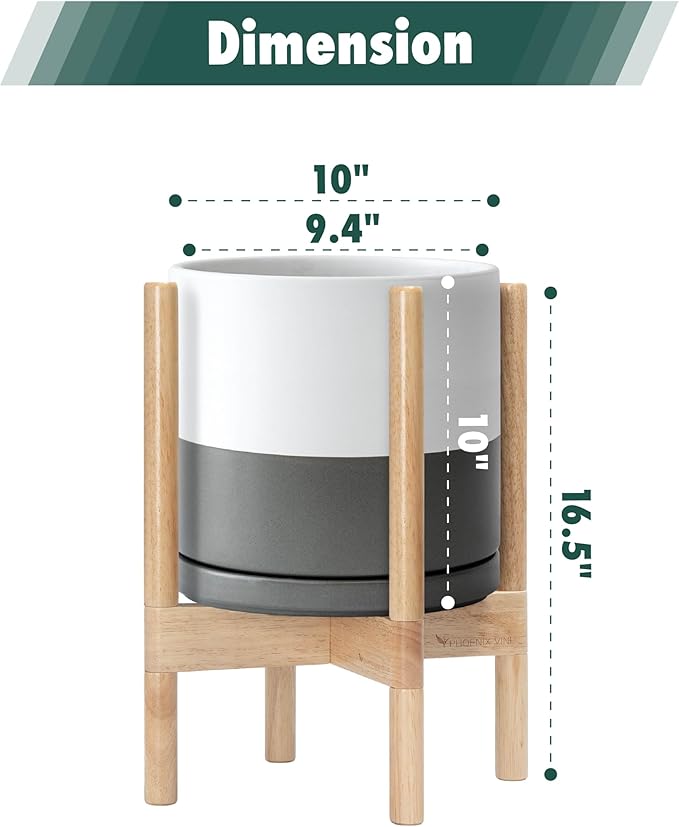 D'vine Dev Ceramic Planter with Natural Stand - 10 Inch Modern Round Flower Pot with Wood Planter Holder, White/Grey, 55-B-K-6 - Bloomnest