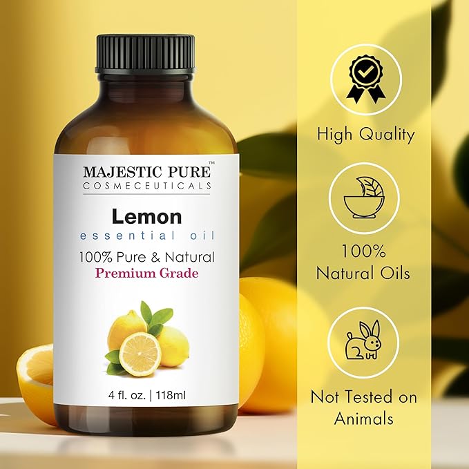 Majestic Pure Lemon Essential Oil with Glass Dropper - Huge 4 Fl Oz - 100% Pure and Natural Lemon Oil - Premium Grade Essential Oils for Diffuser, Aromatherapy, Soap and Candle Making - Bloomnest