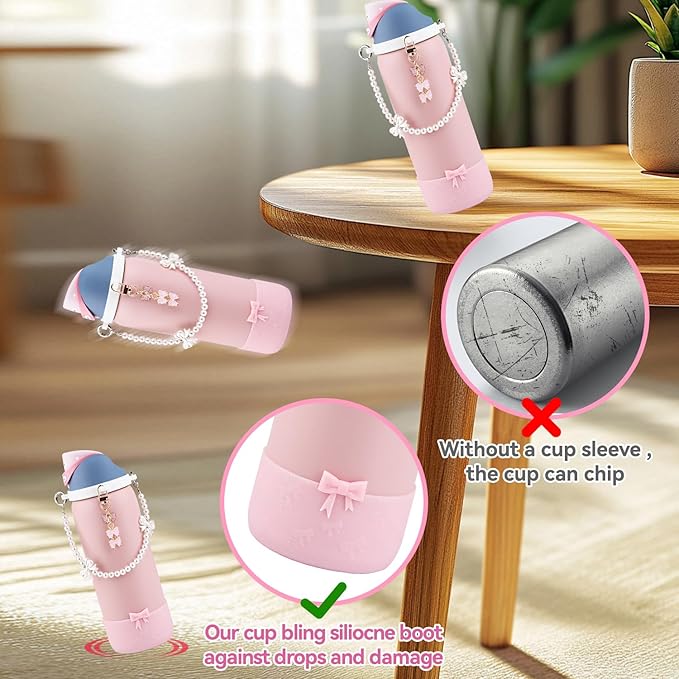 Water Bottle Accessories Set for Owala FreeSip 24oz、32 oz– Includes Pearl Handle Strap, Bow Charms,2.9in .3inch Silicone Bling Boot for Owala Accessories for Women Bloomnest