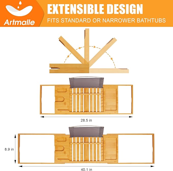 Artmalle Luxury Bathtub Caddy Tray for Tub - Foldable Bamboo Bath Table Tray with Book and Wine Glass Holder, Expandable Bathroom Accessories for Spa or Reading Lite Style - Bloomnest