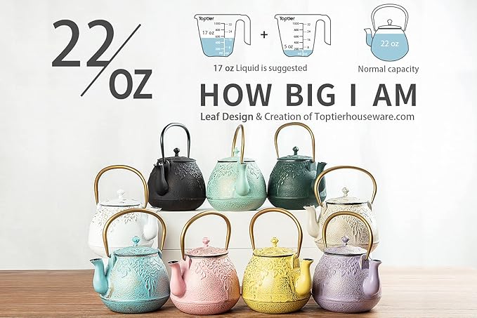 TOPTIER Tea Kettle for Stove Top, Cast Iron Teapot Stovetop Safe with Infusers for Loose Tea, 22 oz, Light Green - Bloomnest