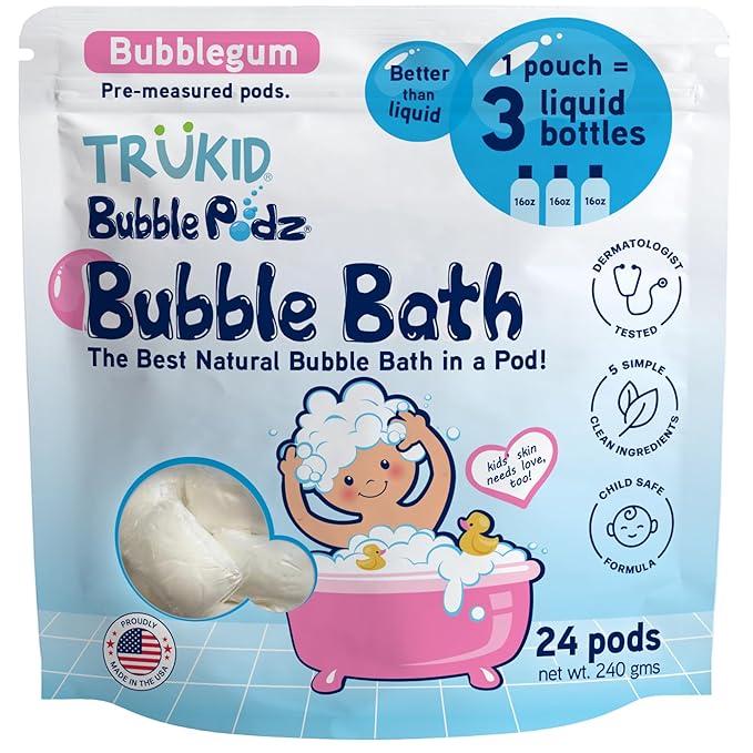 TruKid Bubble Podz Bubble Bath for Kids, Toddlers, & Babies, Tear Free Gentle & Refreshing Bath Bomb for Sensitive Skin with Natural Moisturizers, Non-Toxic, pH Balanced, Bubble Gum Scent (24 Podz) - Bloomnest