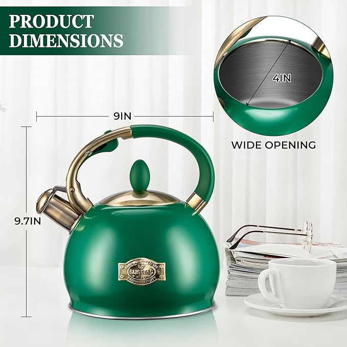SUSTEAS Stove Top Whistling Tea Kettle - Food Grade Stainless Steel Teakettle Teapot with Cool Touch Ergonomic Handle, With 1 Silicone Pinch Mitt Included, 2.64 Quart (Green) - Bloomnest