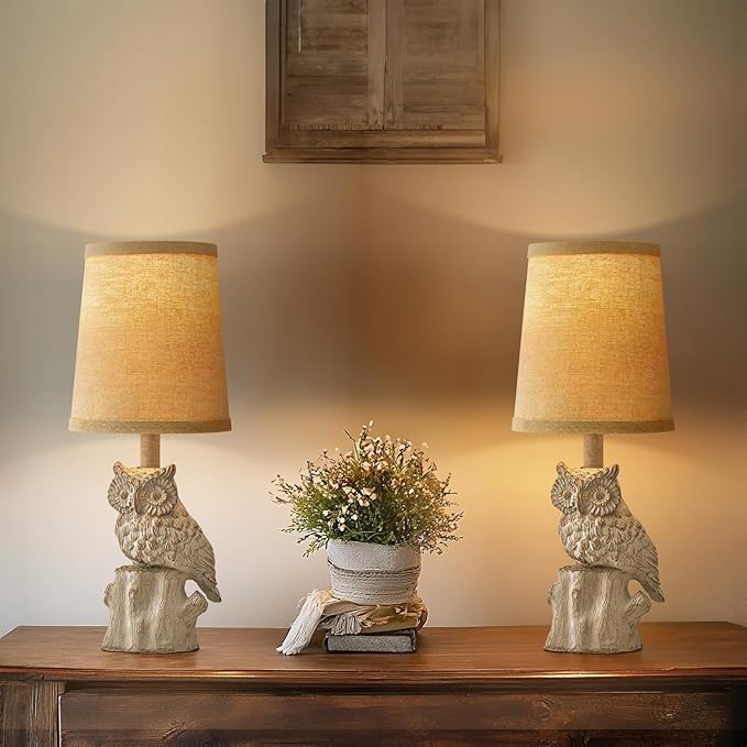 14.25" Small Table Lamps Set of 2 Owl Lamps for Home Decor Rustic Farmhouse Vintage Bedside Table Resin Retro Nightstand, White - Bloomnest