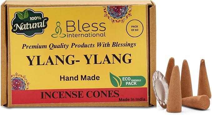 Bless International YLANG-YLANG 100%-Natural-Incense-Cones Handmade-Hand-Dipped Organic-Chemicals-Free for-Purification-Relaxation-Positivity-Yoga-Meditation The-Best-scents (60 Count) BlessInternational