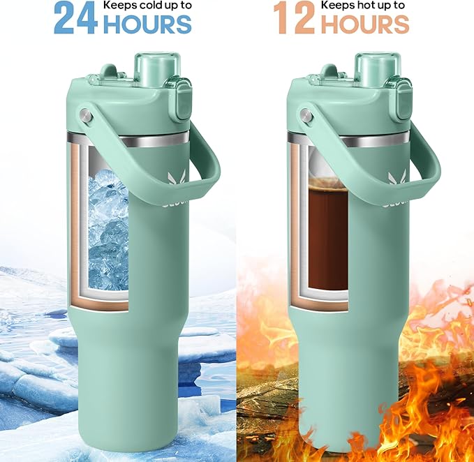 32 oz Stainless Steel Tumbler with Handle and Straw, Vacuum Insulated Water Bottle with 2-in-1 Lid (Chug/Straw) and Silicone Boot，Keeps Drinks Hot and Cold - Bloomnest
