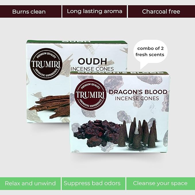 TRUMIRI Incense Cones - Combo Pack of 20 Cone Incense - 10 Dragons Blood + 10 Oud - Insence Cones - Incense Cones Scented - Cone Incense Scents - Insense Cones - Incent Cone TRUMIRI