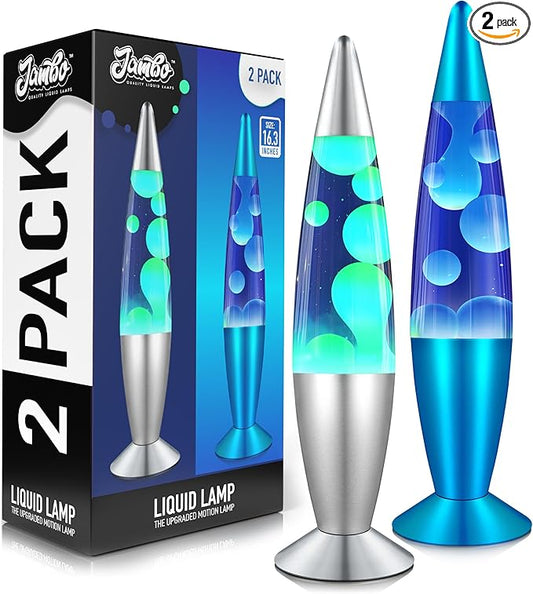 JAMBO 2 Pack- 16" Beautiful Lamp- Silver with Yellow/Green Wax and Blue with Blue/White Wax, Relaxing Liquid Lamp, Night Light Nightlight, Lamps for Adults Teens Kid - Bloomnest