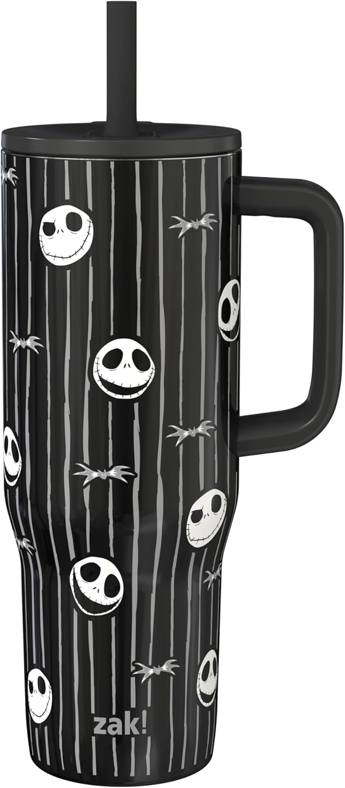 Zak Designs Disney Tim Burton's The Nightmare Before Christmas Sutton Travel Tumbler for On the Go, 30oz Stainless Steel with Vacuum Insulation and Silicone Straw for Cold Drinks (Jack Skellington) - Bloomnest
