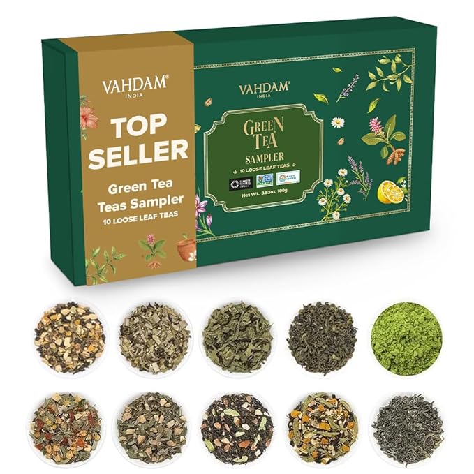 VAHDAM, Assorted Green Tea Loose Leaf Tea Gift Set (10 Flavors) Gift Ideas for Women & Men | Exotic Himalayan Green Tea Blends | Resealable Ziplock Pouch | Gifts for Him/Her - Bloomnest