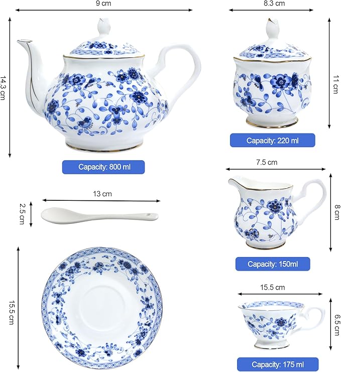Bone China Tea Set, 21-Pieces Porcelain Tea Set for Adults, Tea Cups And Saucers for 6, with Teapot, Spoons, Sugar Bowl, Creamer Pitcher, Vintage Tea Set for Women Tea Party (Blue) - Bloomnest