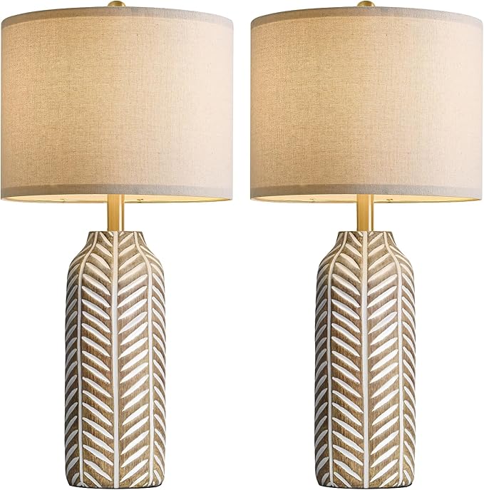 BOBOMOMO 26" Farmhouse Table Lamps Set of 2 - Vintage Leaf Design, Rustic Resin Nightstand Lamps for Bedroom, Living Room, Nursery, Hallway, Elegant Living Room Lamps with Linen Shades Antique Brown - Bloomnest