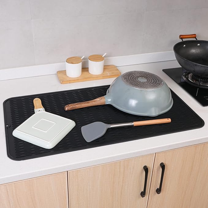 Silicone Dish Drying Mat for Multiple Usage,Easy clean,Eco-friendly,Heat-resistant Silicone Mat for Kitchen Counter or Sink,Refrigerator or Drawer Liner Black 4XL 32 inches x 18 inches - Bloomnest