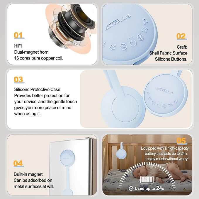 White Noise Machine for Sleeping Adults & Baby, Portable Sound Machine with 24 Soothing Sounds, Bluetooth 5.1, Battery Powered, 3 Timer Settings, Memory Function for Home, Office, Travel (Blue)