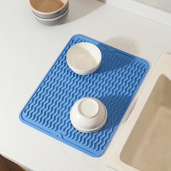 Silicone Dish Drying Mat for Multiple Usage,Easy clean,Eco-friendly,Heat-resistant Silicone Mat for Kitchen Counter or Sink,Refrigerator or Drawer liner Lichen BlueL M 12 inches x 12 inches - Bloomnest