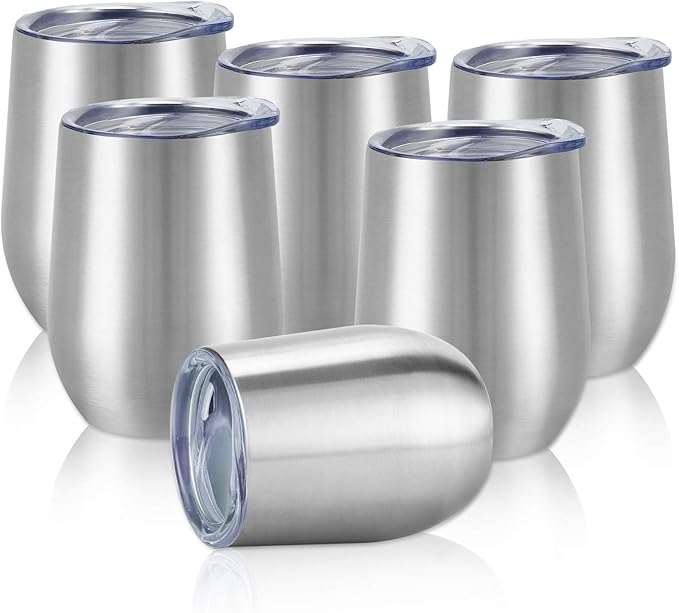 6 Pack Stainless Steel Wine Tumblers, 12Oz Insulated Wine Tumbler, Double Wall Insulated Wine Glass, Stainless Steel Stemless Wine Cups with Lids for Coffee, Wine, Cocktails, Champaign, Silver - Bloomnest