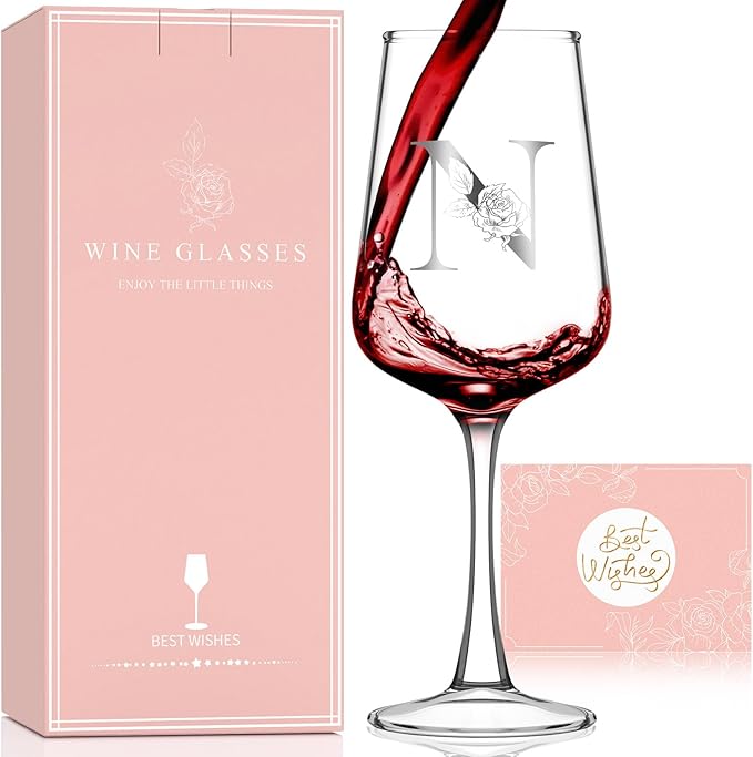 Valentines Day Gifts for Her Women - Personalized Initial Wine Glasses Custom Gift, Galentines Gift Christmas Mothers Day Birthday Gifts for Women Her Mom Wife Best Friend Sister (N) - Bloomnest