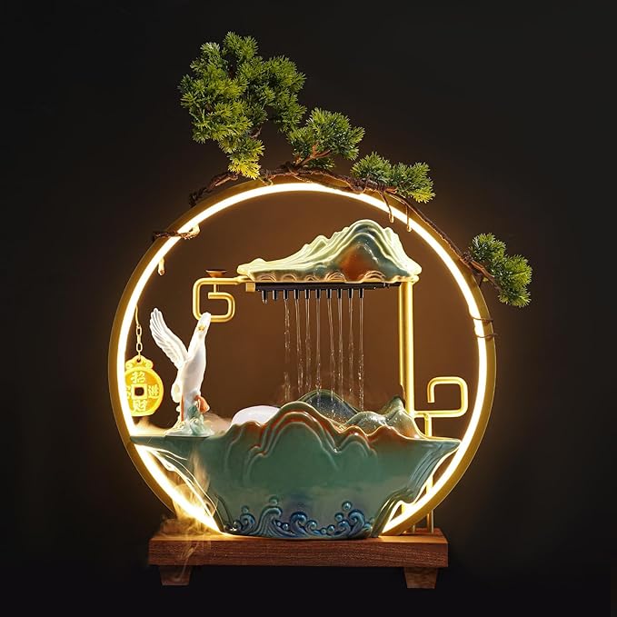 Tabletop Water Fountains, Indoor Water Fall with LED Light Zen Decor for Meditation with Mist, Japanese Decor with Fake Plants Feng Shui Decor for Good Luck Wealth - Bloomnest