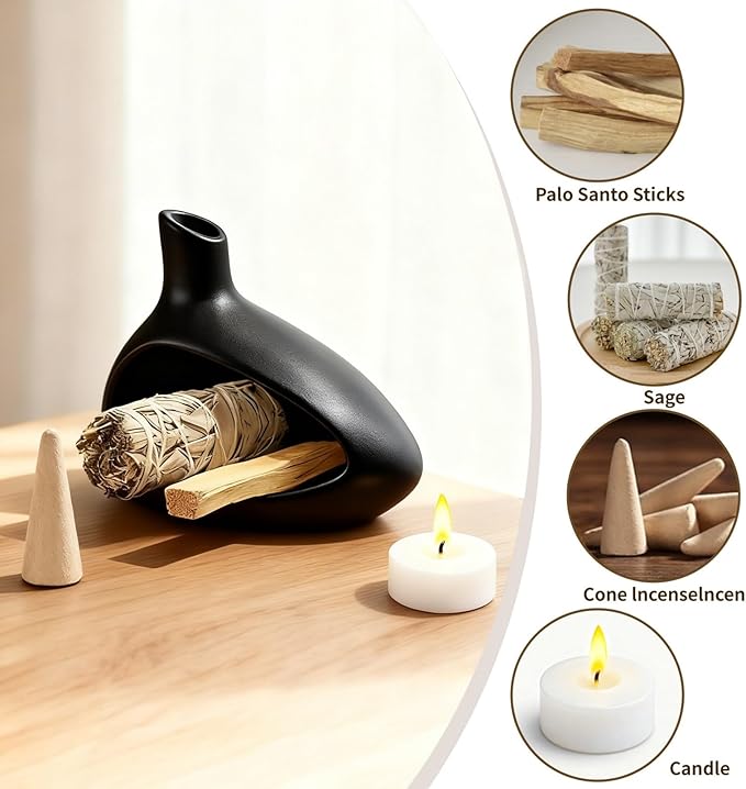 Palo Santo Holder, Ceramic Incense Burner for Sticks Sage Holders Cone Burning Smudge Bowl with Ash Brush for Meditation Yoga Spa Room Decor (Black) - Bloomnest