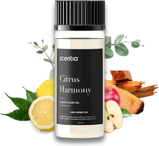Scentia Citrus Harmony Essential Oil Blend – 50ml Bright Aromatherapy Oil with Lemon, Eucalyptus & Musk | Compact Diffuser Oil for Home, Travel, Gifting & DIY Candles Scentia