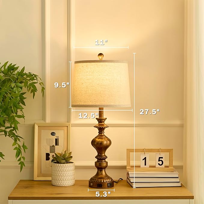 27.5" Farmhouse Table Lamps Set of 2 Bedside Nightstand Lamp with USB C+A Ports & AC Outlet, 3 Way Dimmable Touch Lamps for Bedroom Living Room Office Hallway Rustic Traditional Lamp (Copper) - Bloomnest