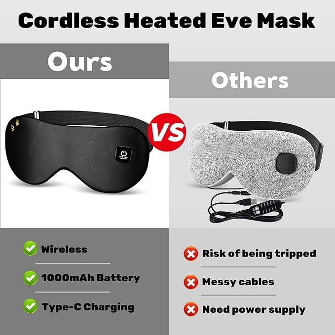 Silk Cordless Heated Eye Mask for Dry Eyes, Light Blocking Warm Eye Compress, Improved Sleep, with 3 Heat Settings, Washable Heating Pad for Migraine, Travel, Rechargeable, Men Women - Bloomnest
