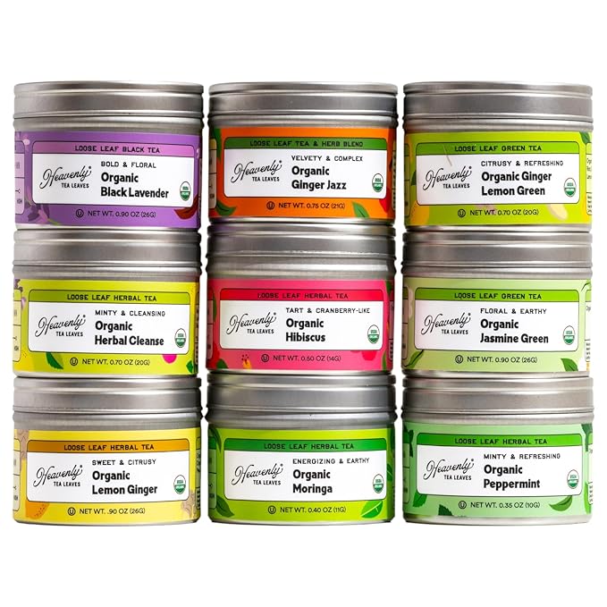 Heavenly Tea Leaves Organic Wellness Tea Sampler (Approx. 90 Cups of Tea), 9 Assorted Loose Leaf Teas & Herbal Tisanes - Great Hot or Iced, High & No Caffeine Teas, Gift Ideas for Her - Bloomnest