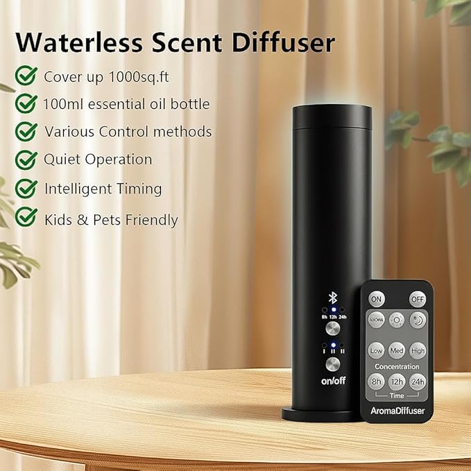 Waterless Essential Oil Diffuser for Home Large Room – 300m³ Coverage Aroma Scent Machine with Remote, 3 Intensity Levels & Timer, Quiet Operation; Ideal for Office & Spa Black (Includes 3×100ml Oils) - Bloomnest