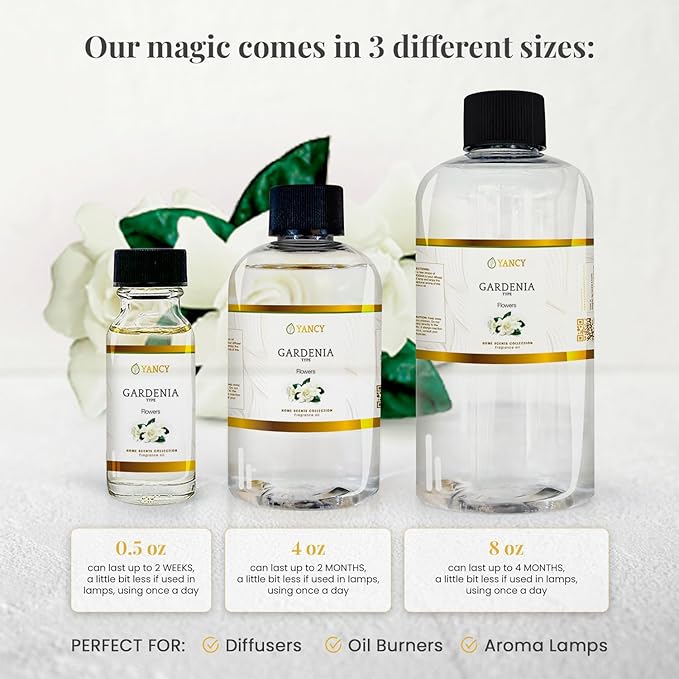 YANCY Gardenia Home Collection Fragrance Oil (8 oz), Pure Gardenia Floral Scent, Elegant Fragrance for Diffusers, Oil Burners & Aroma Lamps, Fresh Floral Ambiance for Any Room YancySpa