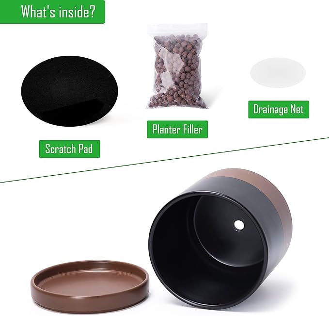 D'vine Dev 6.5 Inch & 8.2 Inch Ceramic Planter Pots for Plants with Drainage Hole and Saucer, Medium Plant Pots Set, Black/Speckled Tan, 94-G-M-7 - Bloomnest
