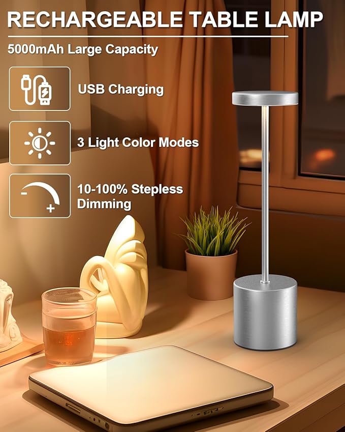 Cordless Table Lamp Set of 2, Rechargeable 5000mAh Battery Powered Outdoor Table Lamps(Silver) - Bloomnest