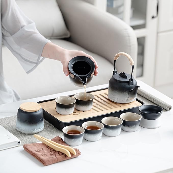 LURRIER Gongfu tea sets, Portable Ceramic TeaSet, Asian Tea sets for adult, Tea Gift sets, Grey leather case, Portable Travel Bag,Home,Gifting,Outdoor and Office(Black and White) - Bloomnest