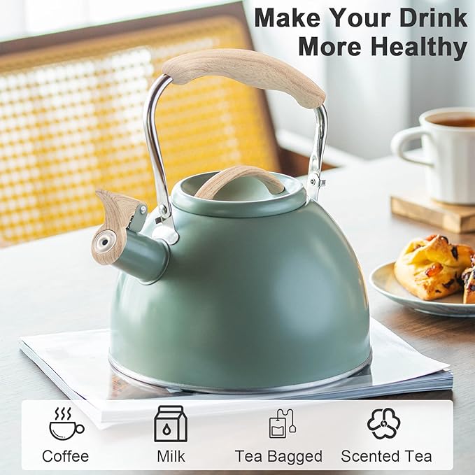 3.2 Quart Whistling Tea Kettle for Stove Top Stainless Steel Tea Pots With Wood Pattern Anti-slip Handle, Green… - Bloomnest
