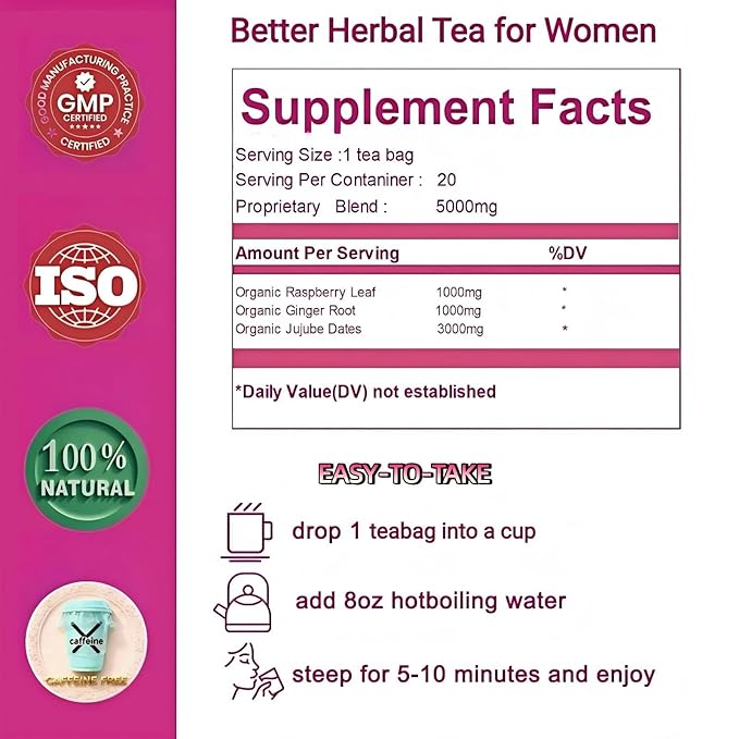 Organic Raspberry Leaf & Ginger Tea for Hormone Balance,Fertility & Pregnancy with Jujube - Caffeine-Free Traditional Herbal Tea for Breastfeeding,Postpartum,Lactation,PMS & PCOS Support - 20 Tea Bags - Bloomnest